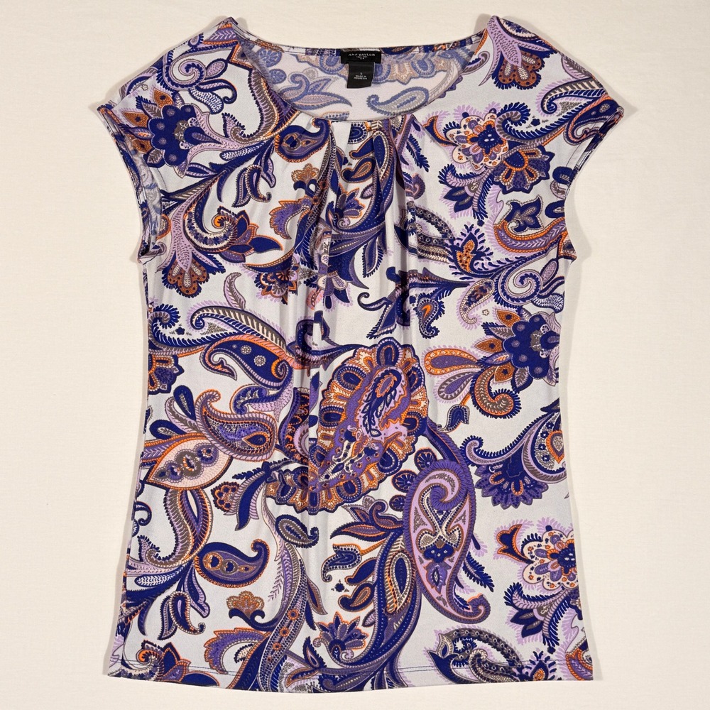 Ann Taylor Womens Paisley‎ Cap Sleeve Pleated Blouse Purple Orange S Office Boho